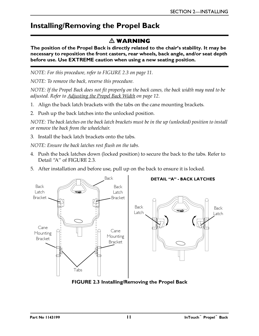 Invacare 1143199 manual Installing/Removing the Propel Back 