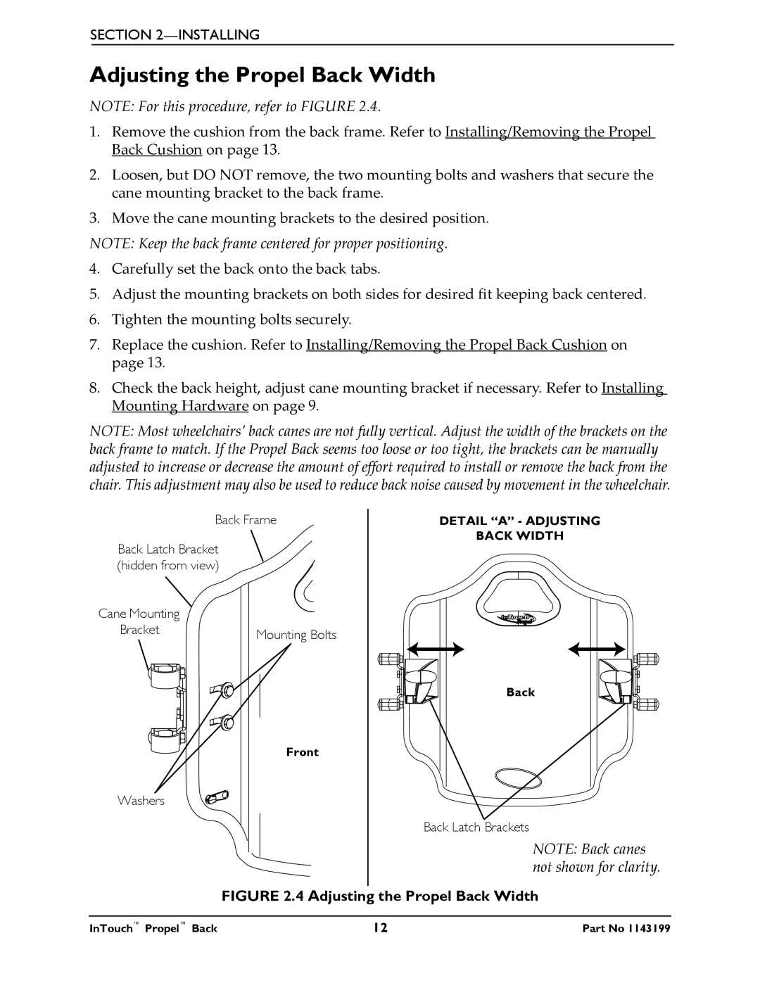 Invacare 1143199 manual Adjusting the Propel Back Width 