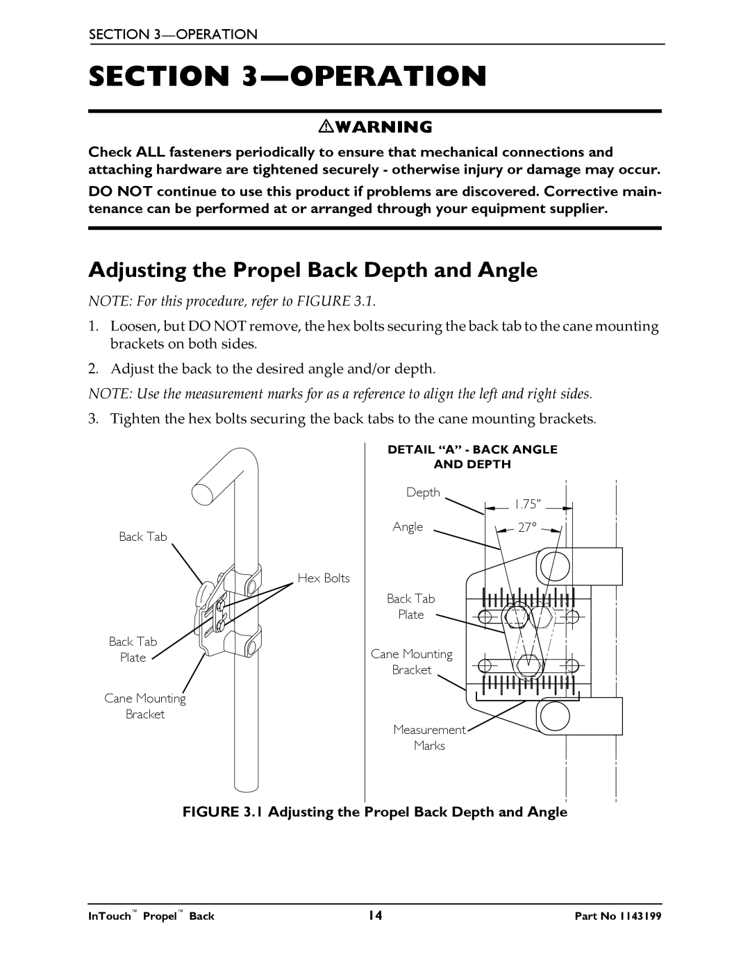 Invacare 1143199 manual Operation, Adjusting the Propel Back Depth and Angle 