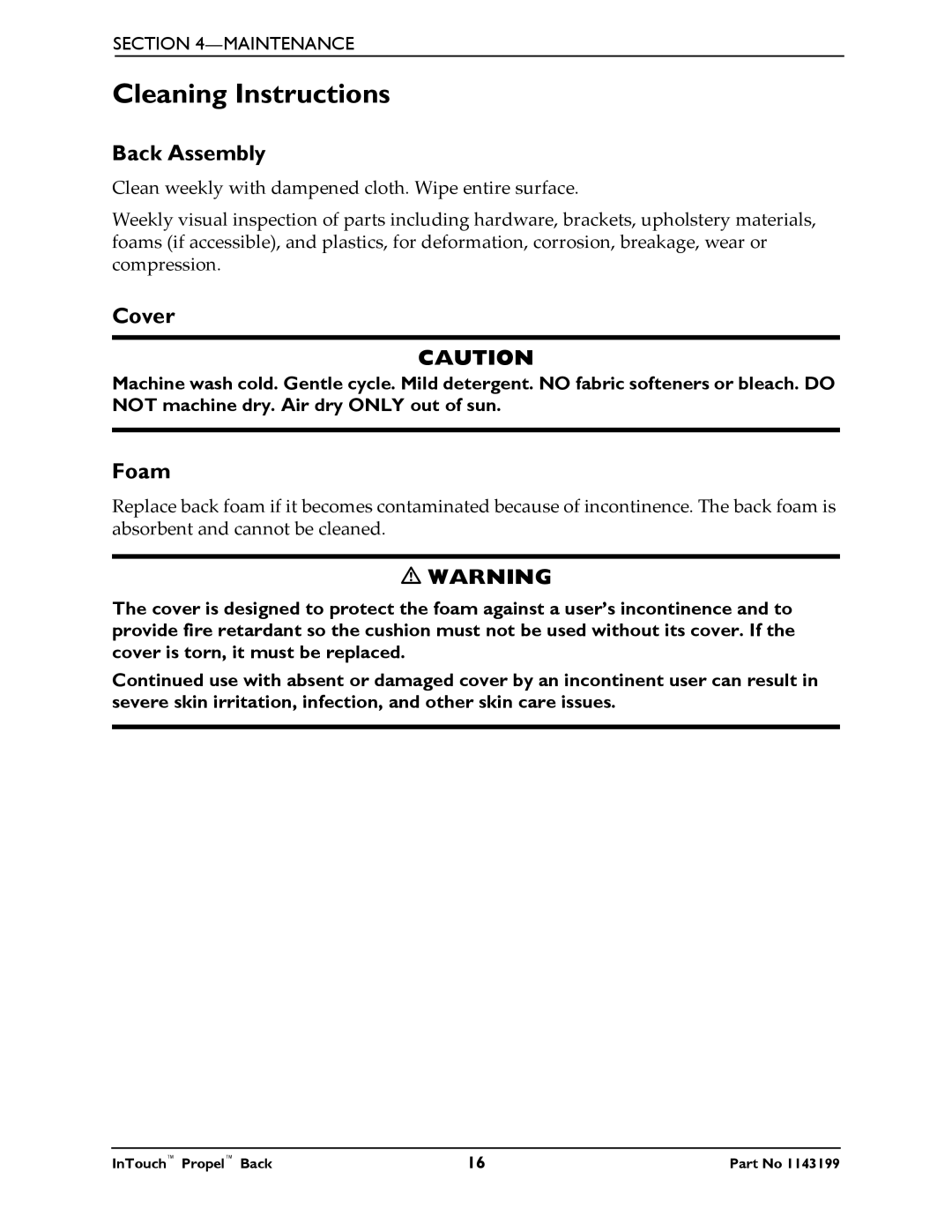 Invacare 1143199 manual Cleaning Instructions, Back Assembly, Cover, Foam 