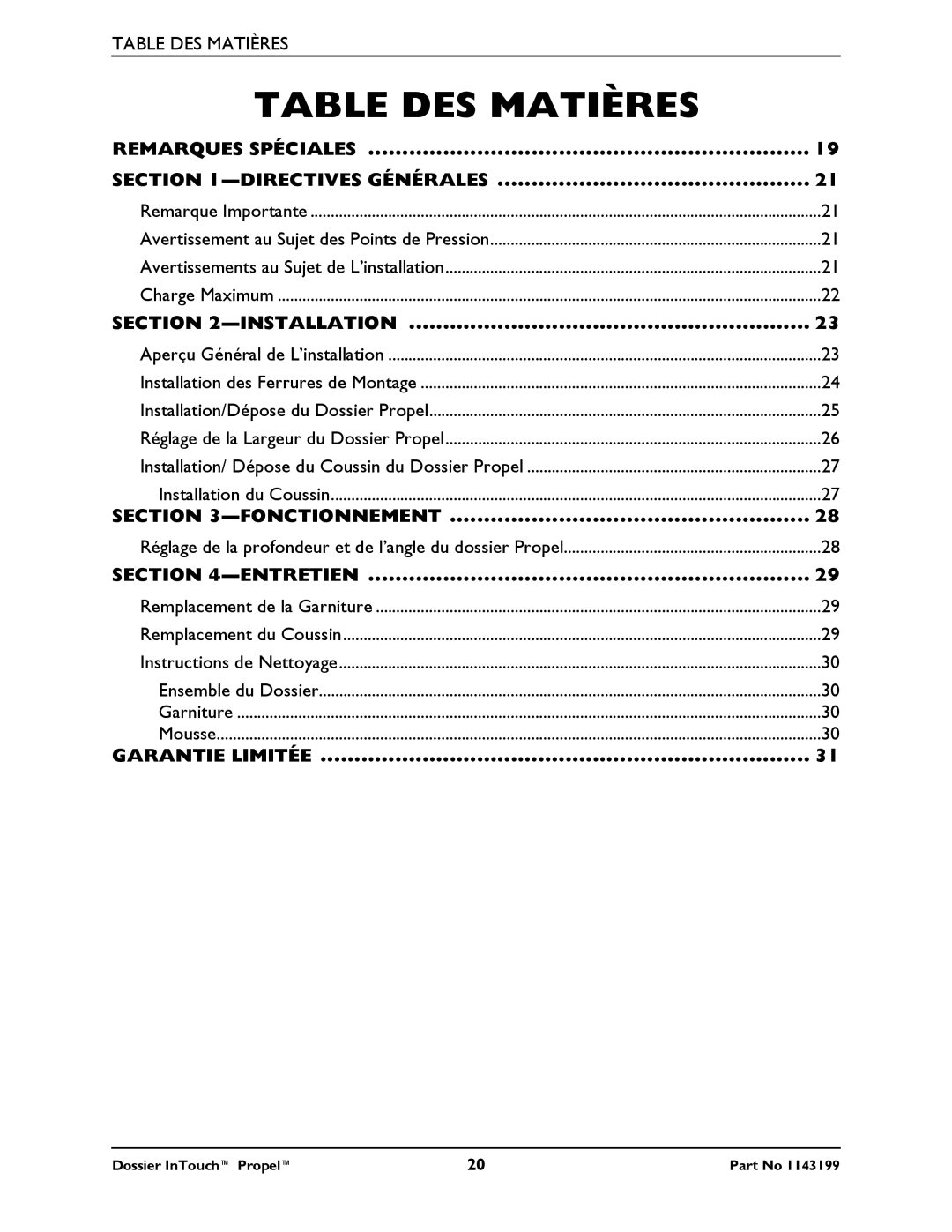 Invacare 1143199 manual Table DES Matières, Remarques Spéciales Directives Générales 