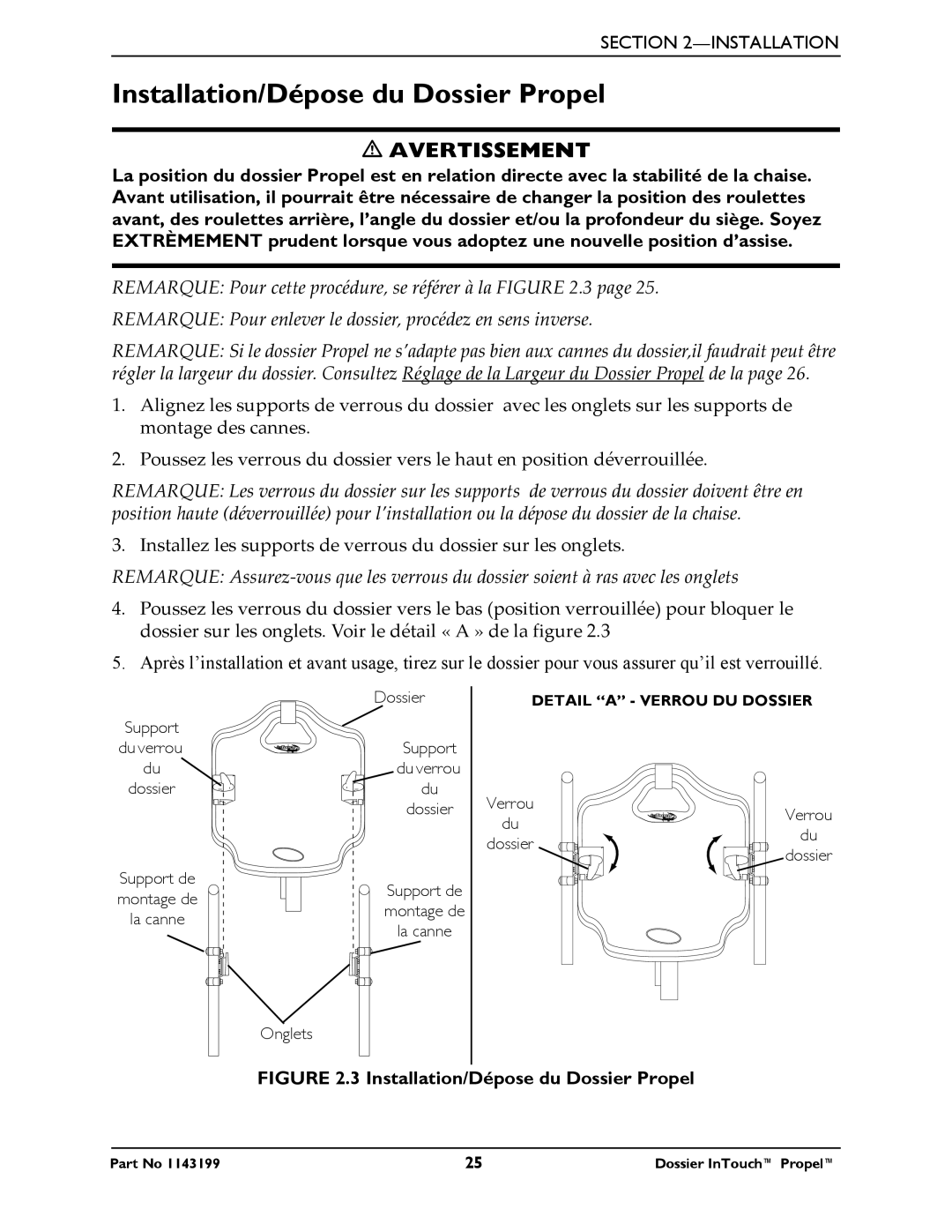 Invacare 1143199 manual Installation/Dépose du Dossier Propel 