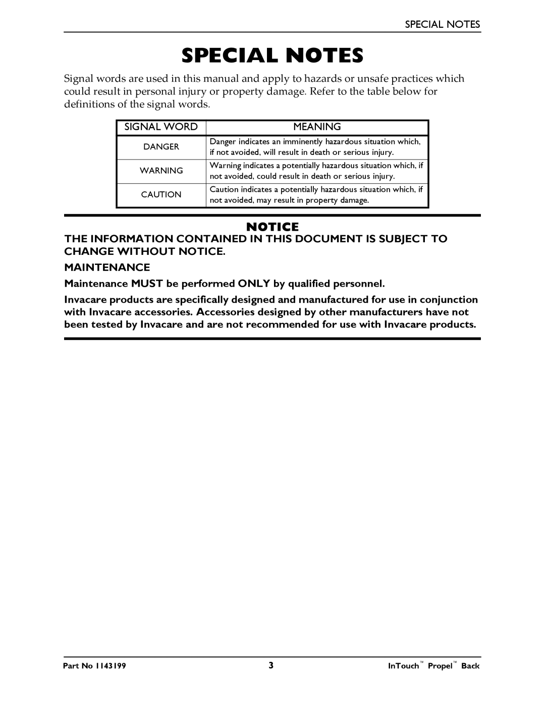 Invacare 1143199 manual Special Notes, Meaning 