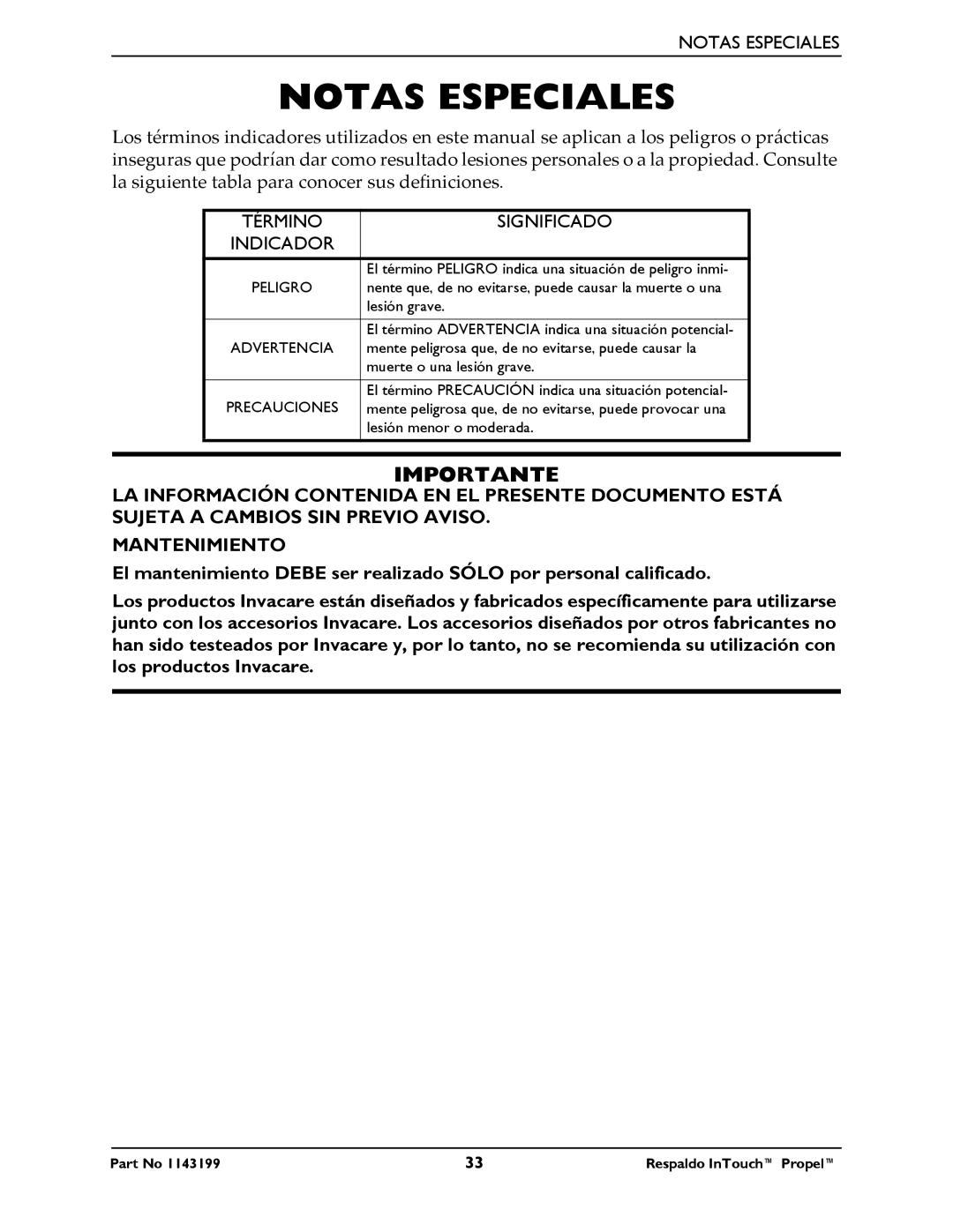 Invacare 1143199 manual Notas Especiales, Significado Indicador 