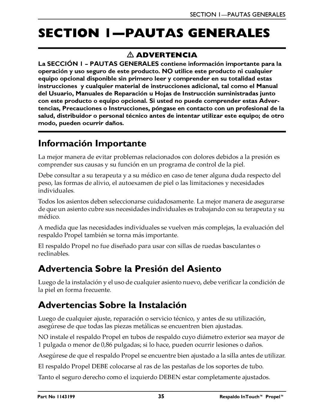 Invacare 1143199 manual Pautas Generales, Información Importante, Advertencia Sobre la Presión del Asiento 