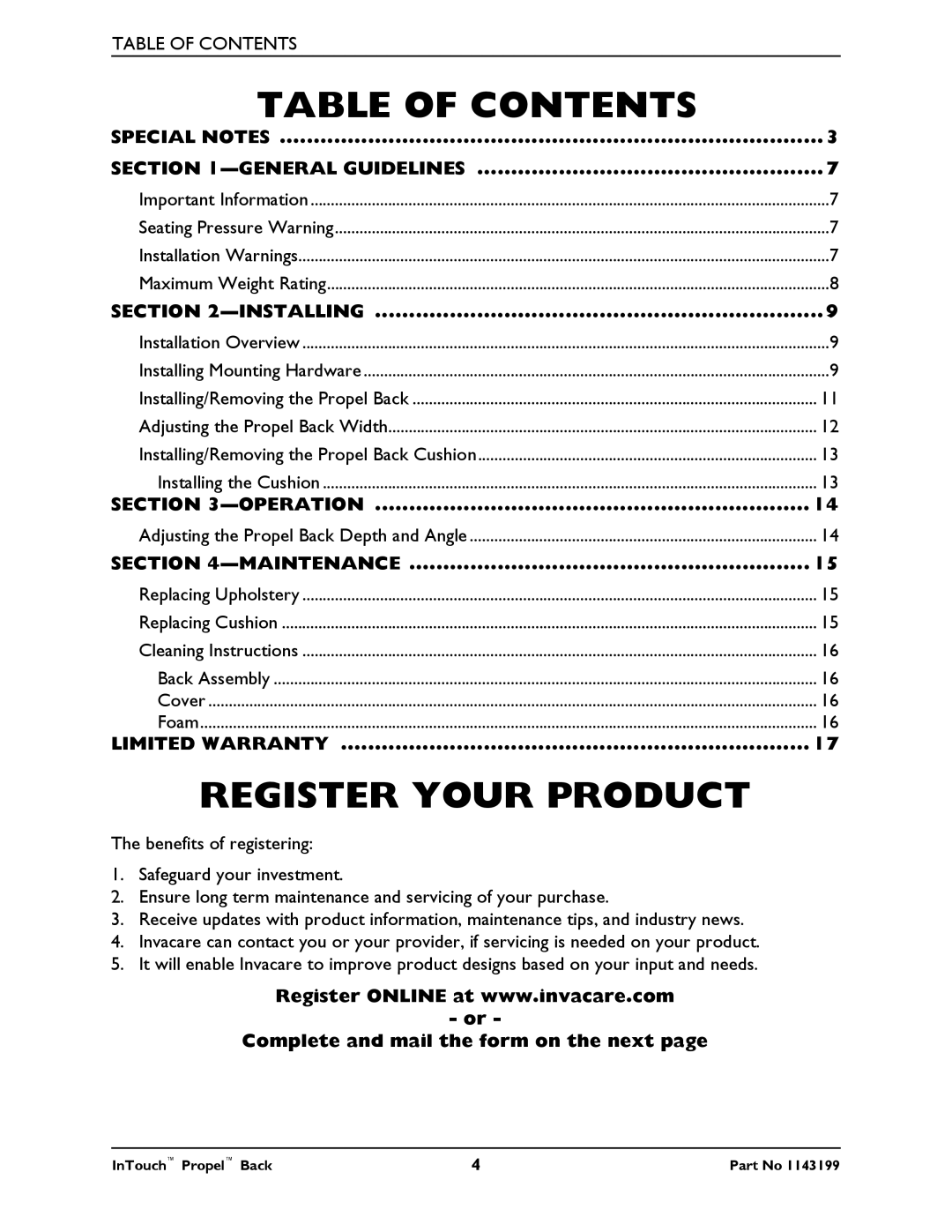 Invacare 1143199 manual Table of Contents, Register Your Product 