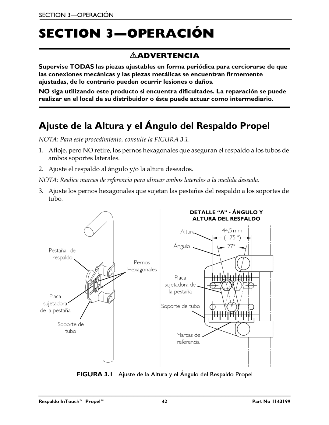 Invacare 1143199 manual Operación, Ajuste de la Altura y el Ángulo del Respaldo Propel 