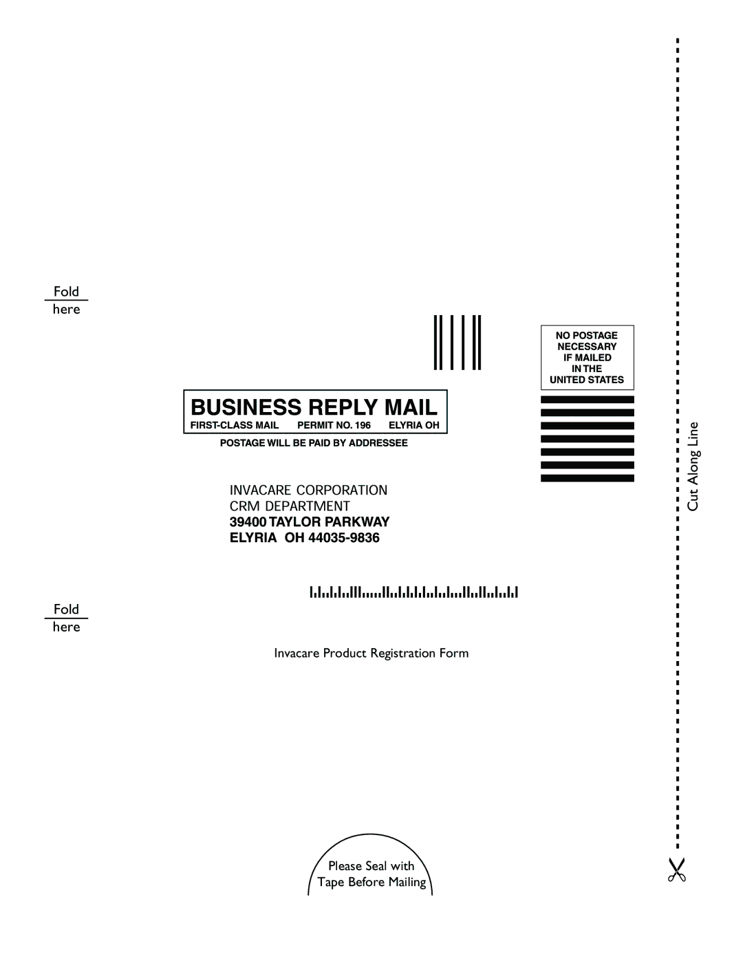 Invacare 1143199 manual Fold Here Cut Along Line 