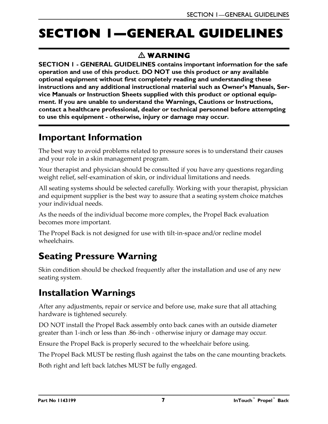 Invacare 1143199 manual General Guidelines, Important Information, Seating Pressure Warning, Installation Warnings 