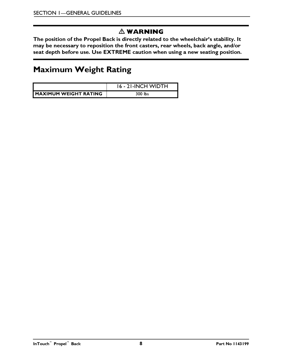 Invacare 1143199 manual Maximum Weight Rating 