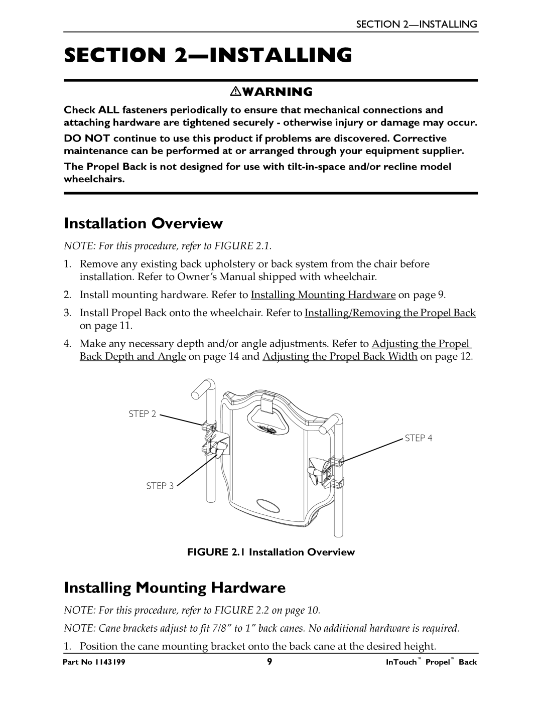 Invacare 1143199 manual Installation Overview, Installing Mounting Hardware 