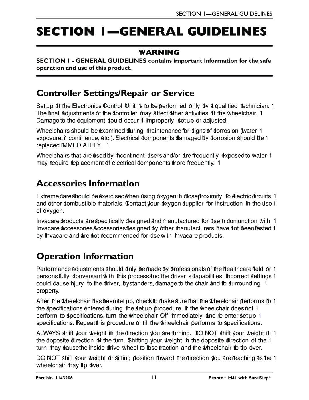 Invacare 1143206 General Guidelines, Controller Settings/Repair or Service, Accessories Information, Operation Information 