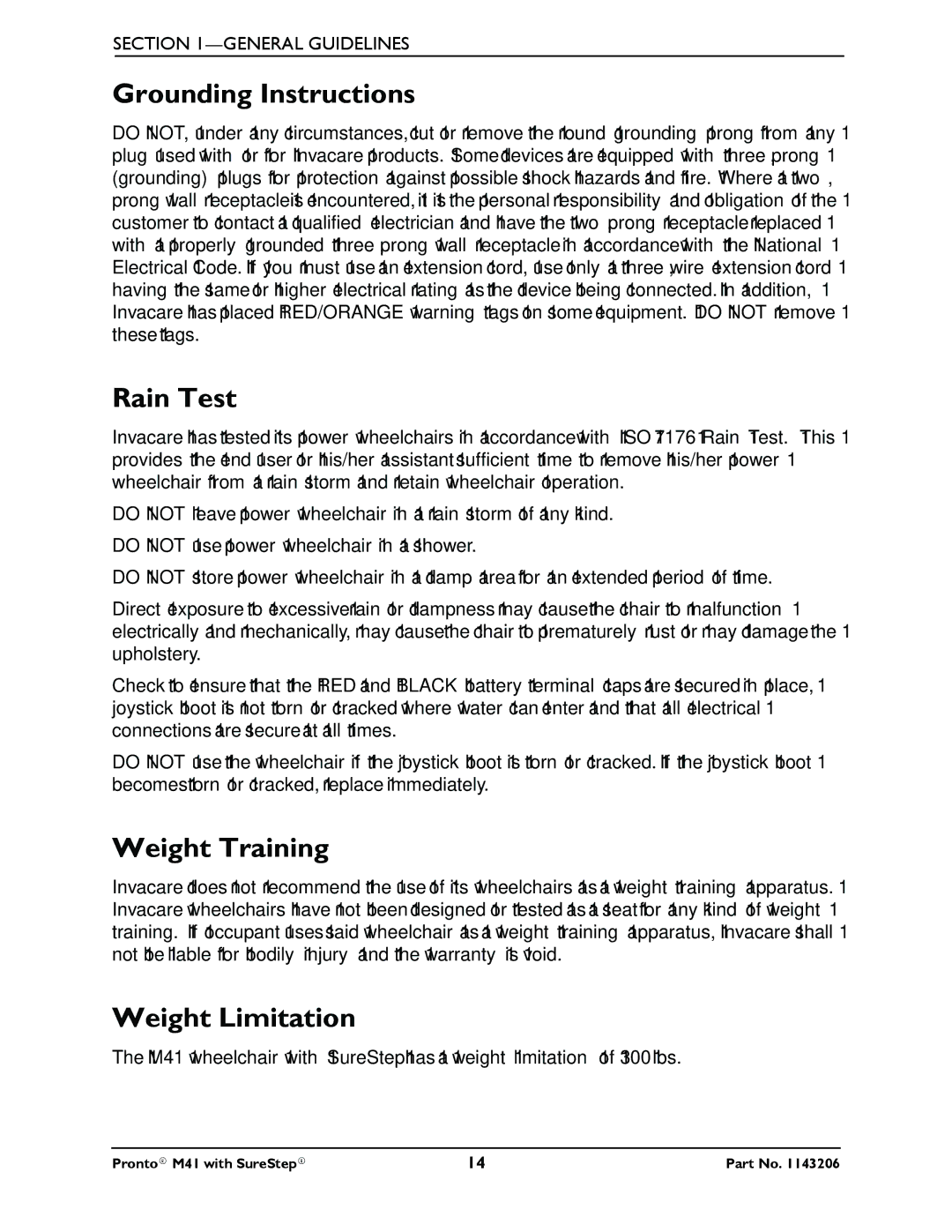 Invacare 1143206 manual Grounding Instructions, Rain Test, Weight Training, Weight Limitation 