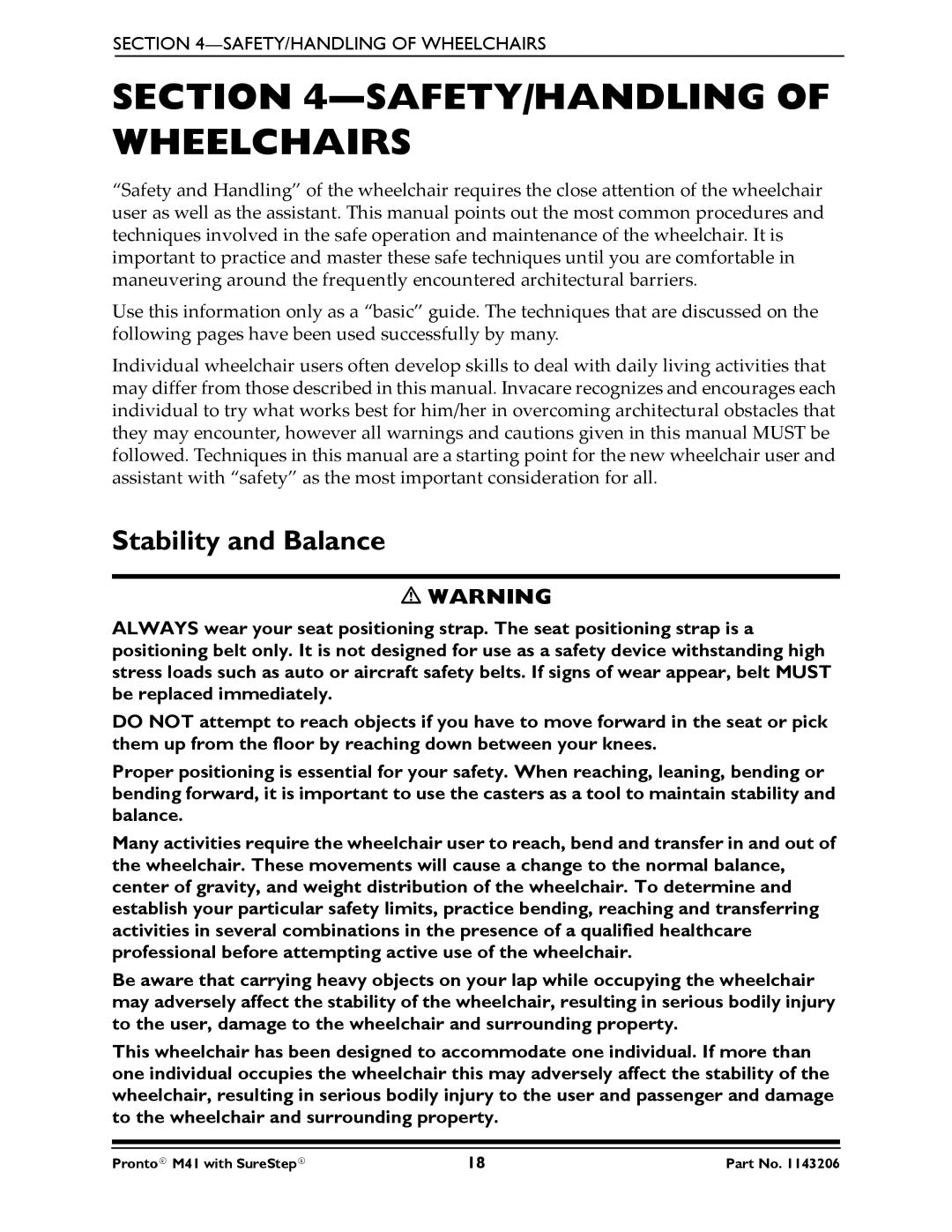 Invacare 1143206 manual SAFETY/HANDLING of Wheelchairs, Stability and Balance 