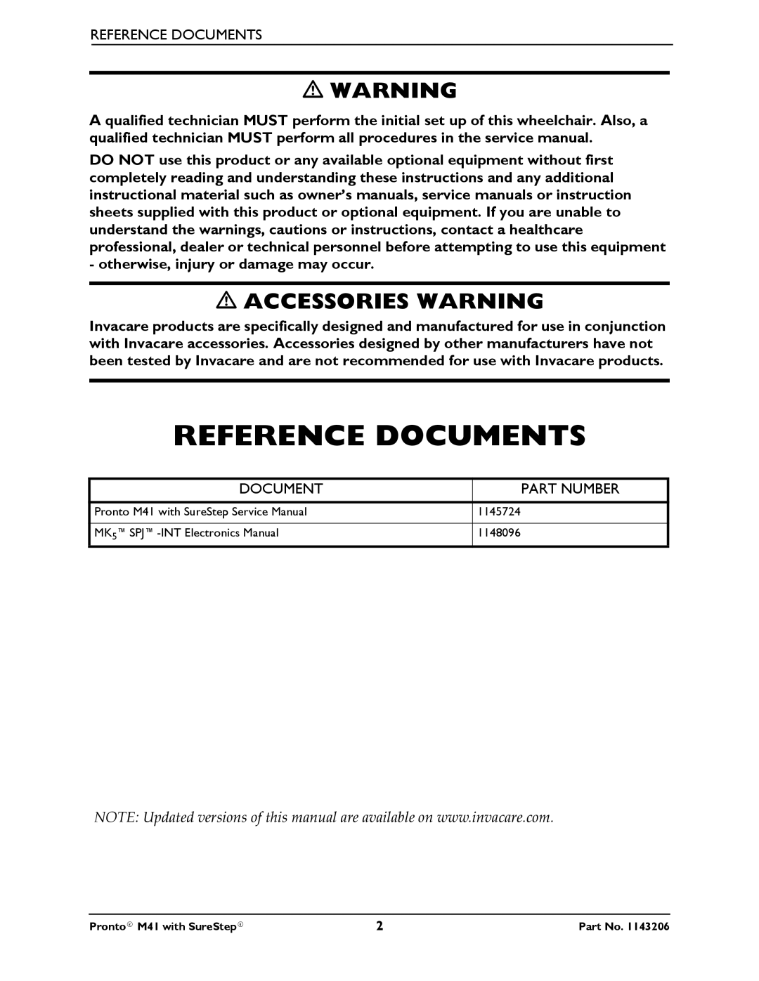 Invacare 1143206 manual Reference Documents, Accessories Warning 