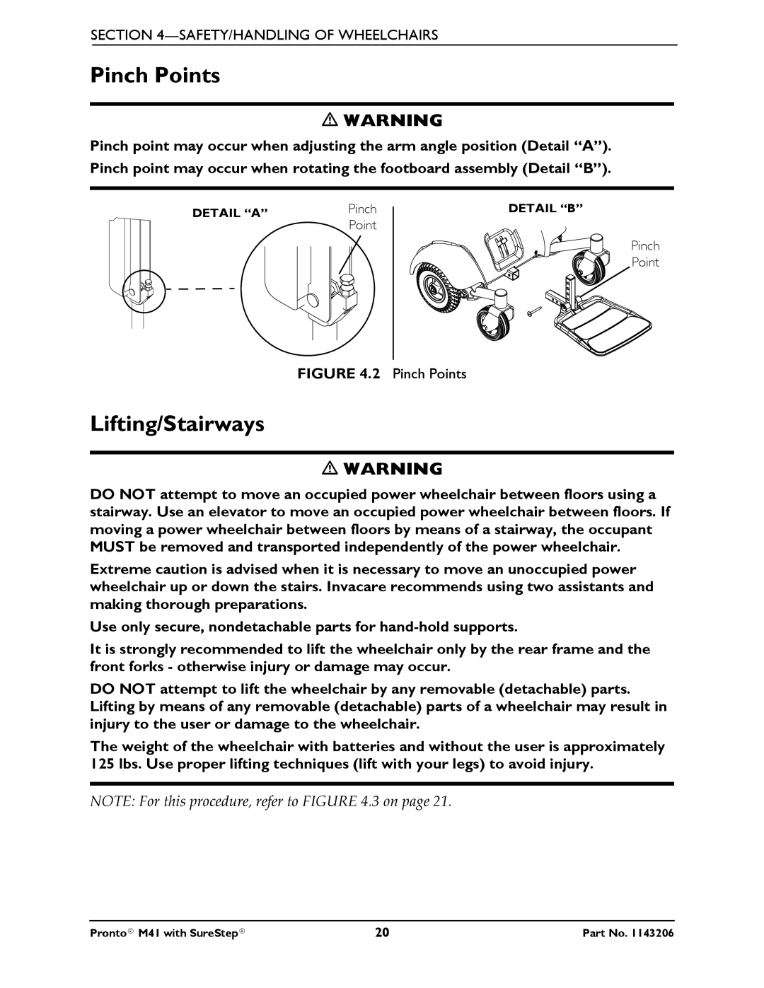 Invacare 1143206 manual Pinch Points, Lifting/Stairways 