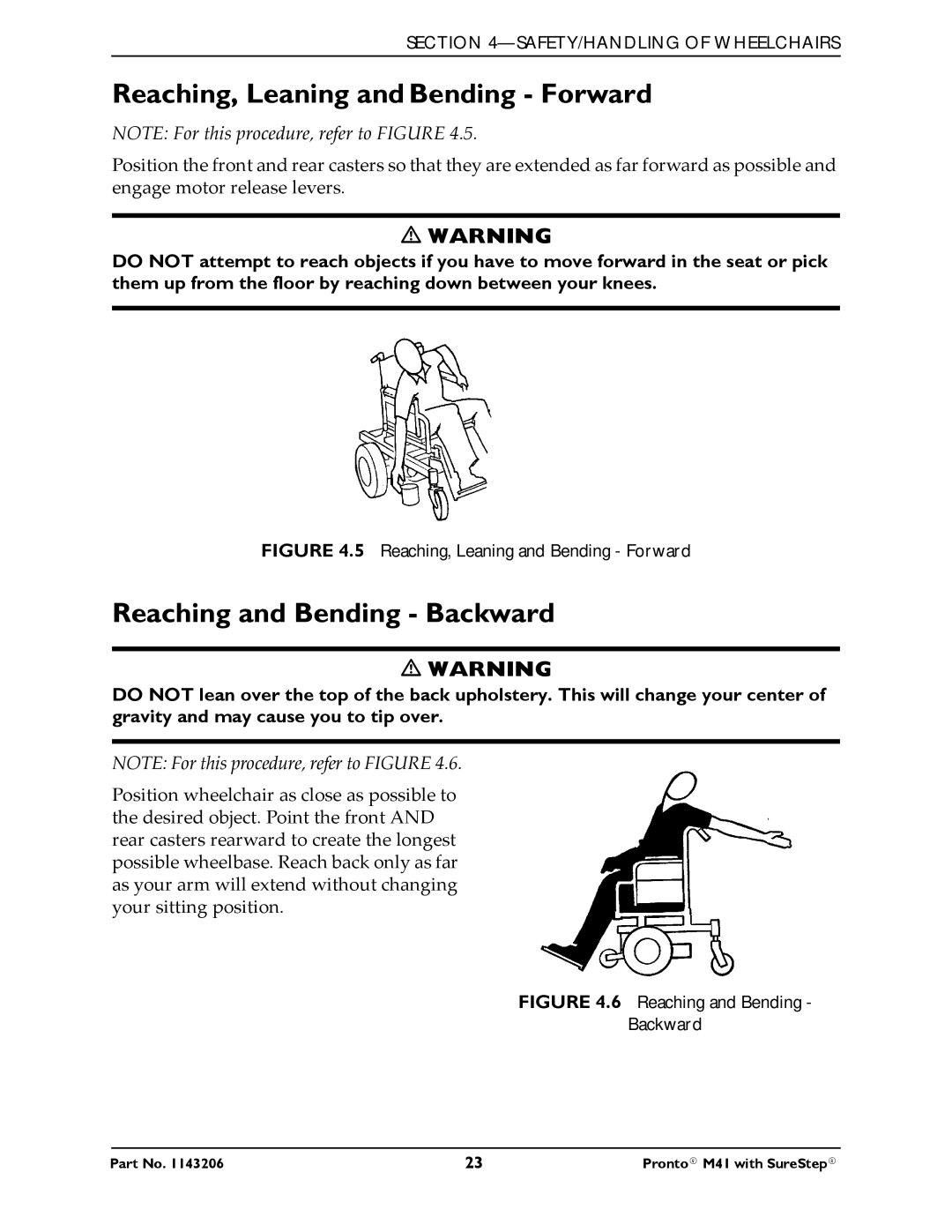 Invacare 1143206 manual Reaching, Leaning and Bending Forward, Reaching and Bending Backward 