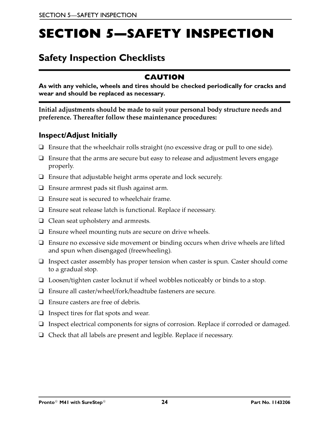 Invacare 1143206 manual Safety Inspection Checklists, Inspect/Adjust Initially 