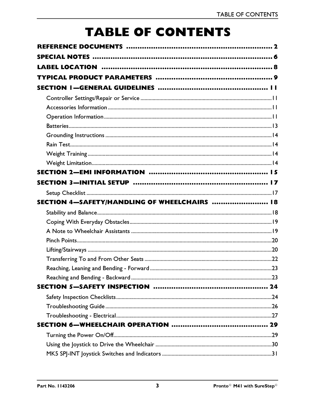 Invacare 1143206 manual Table of Contents 