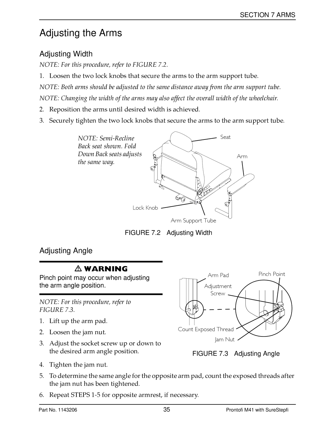 Invacare 1143206 manual Adjusting the Arms, Adjusting Width, Adjusting Angle 