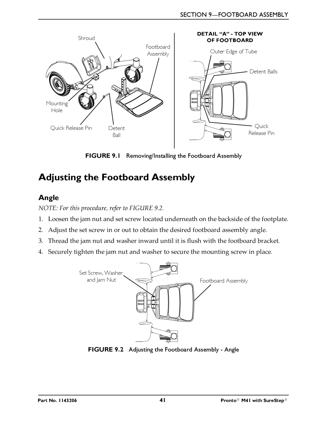 Invacare 1143206 manual Adjusting the Footboard Assembly, Angle 