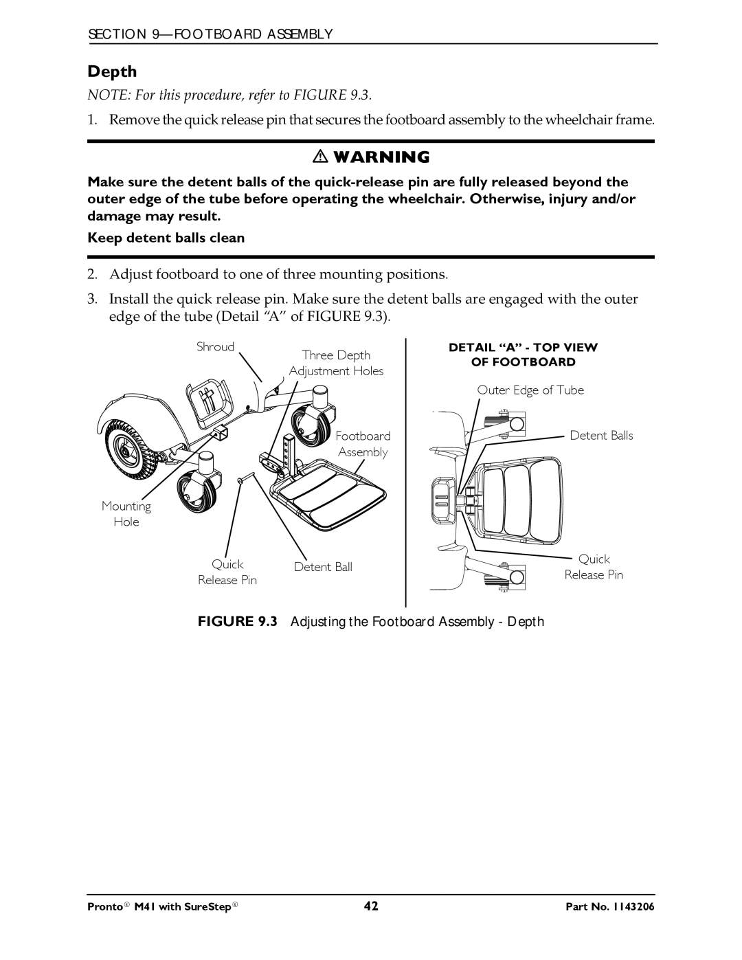 Invacare 1143206 manual Adjusting the Footboard Assembly Depth 