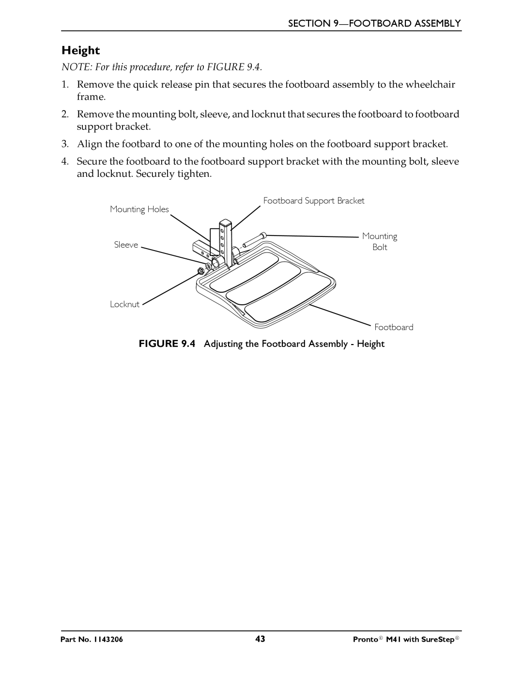 Invacare 1143206 manual Adjusting the Footboard Assembly Height 