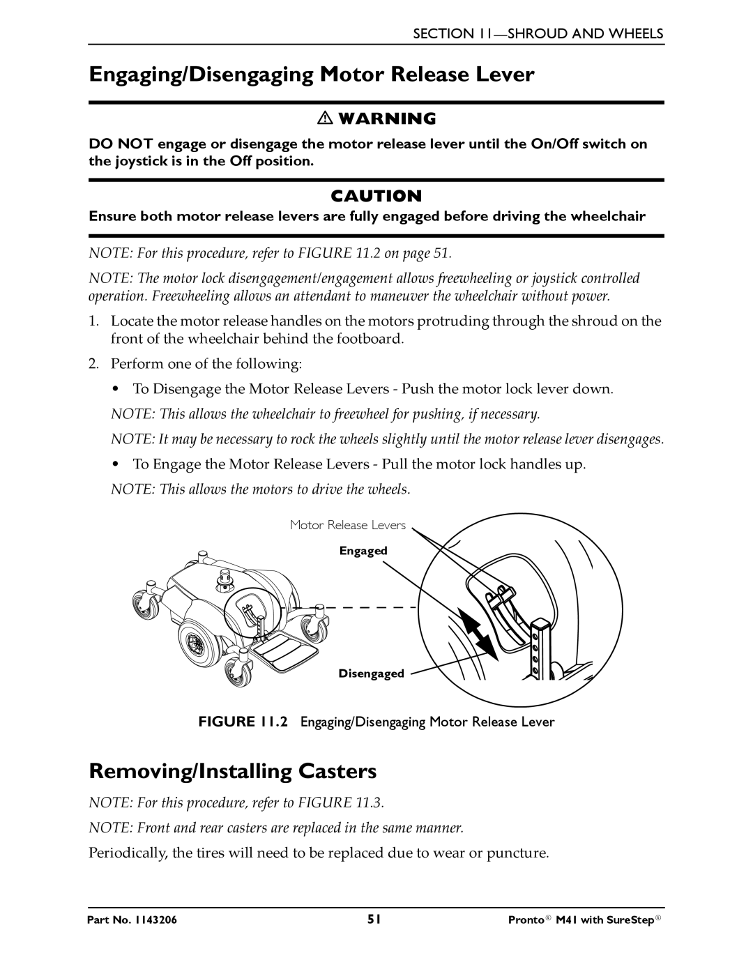 Invacare 1143206 manual Engaging/Disengaging Motor Release Lever, Removing/Installing Casters 