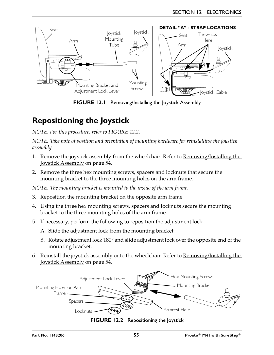 Invacare 1143206 manual Repositioning the Joystick, Removing/Installing the Joystick Assembly 