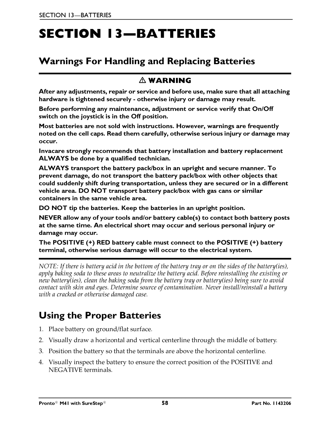 Invacare 1143206 manual Using the Proper Batteries 