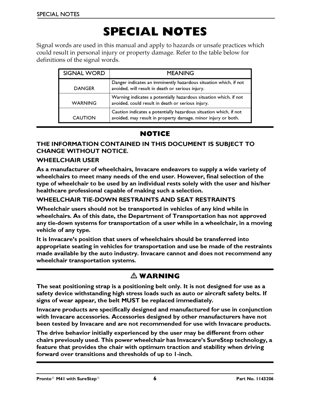 Invacare 1143206 manual Special Notes, Meaning 