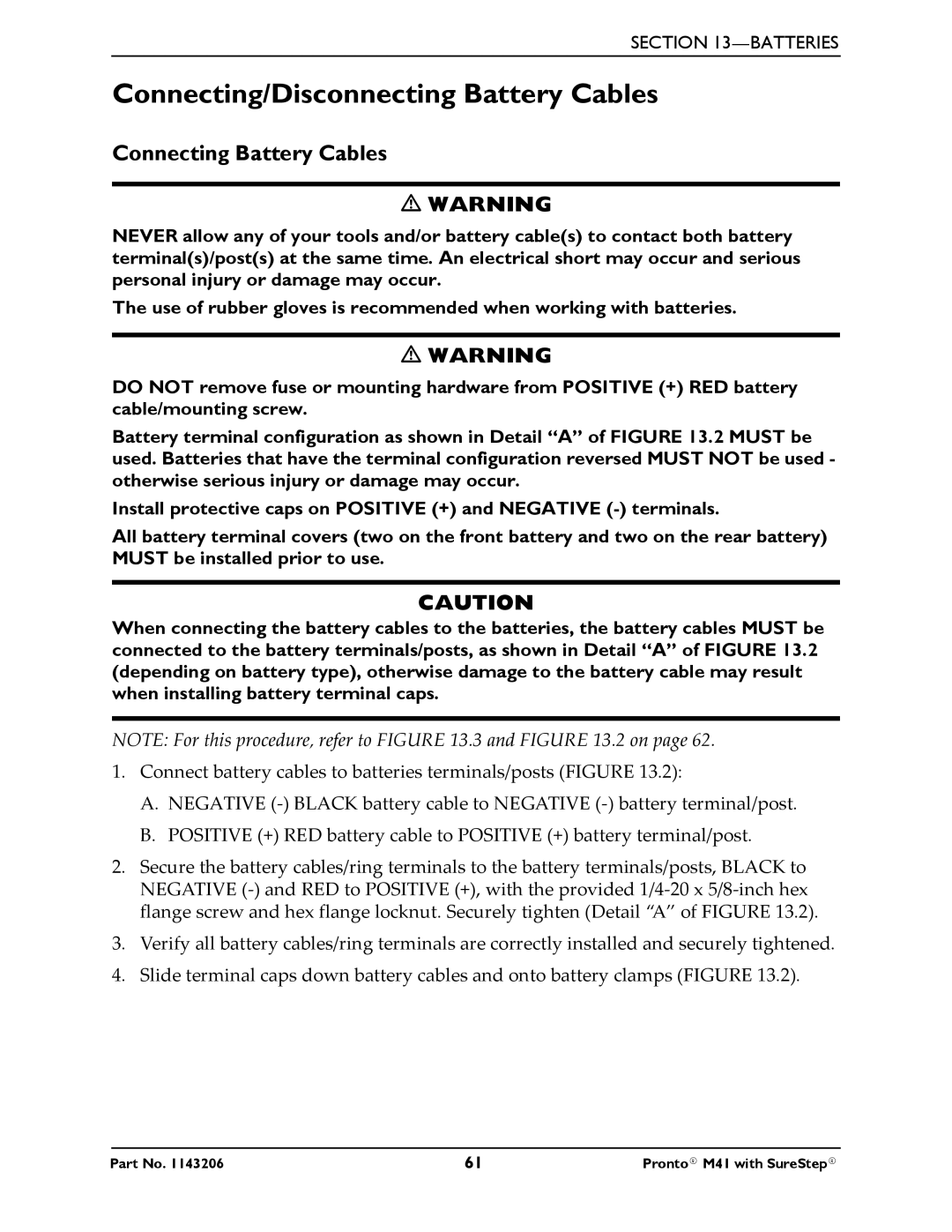 Invacare 1143206 manual Connecting/Disconnecting Battery Cables, Connecting Battery Cables 