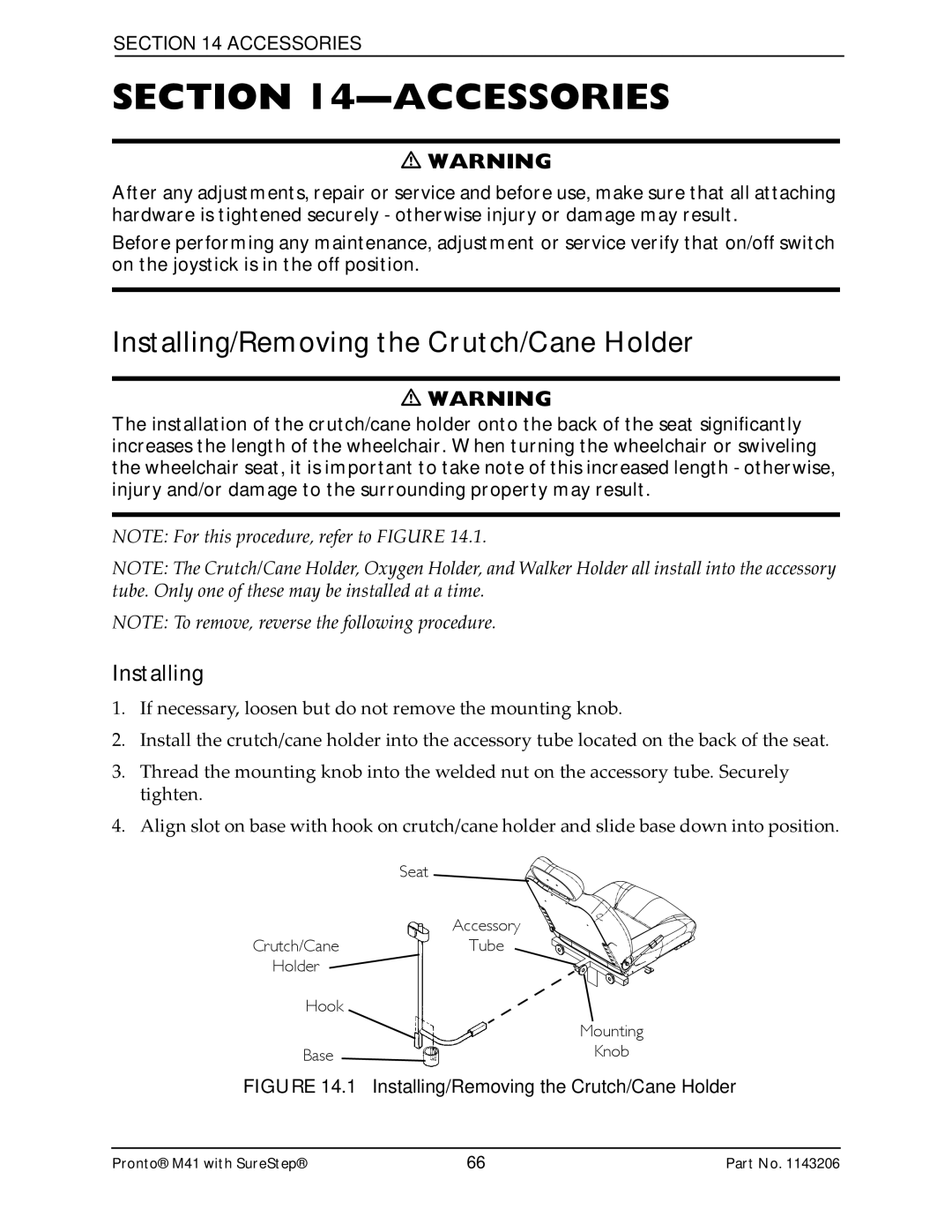 Invacare 1143206 manual Accessories, Installing/Removing the Crutch/Cane Holder 