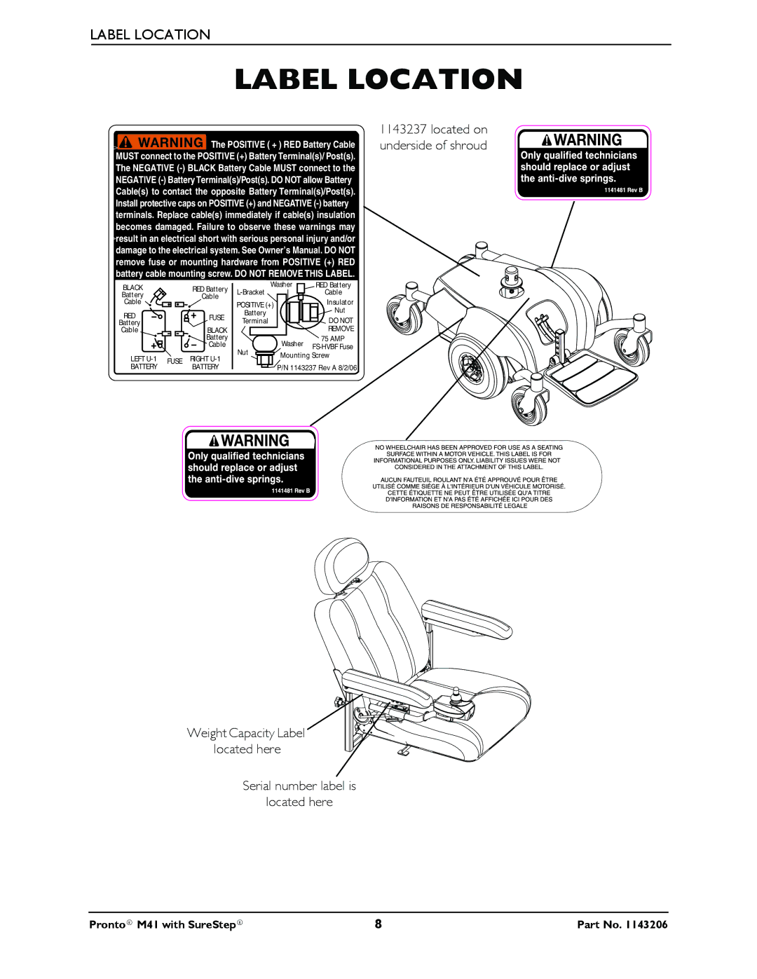 Invacare 1143206 manual Label Location, Positive + 