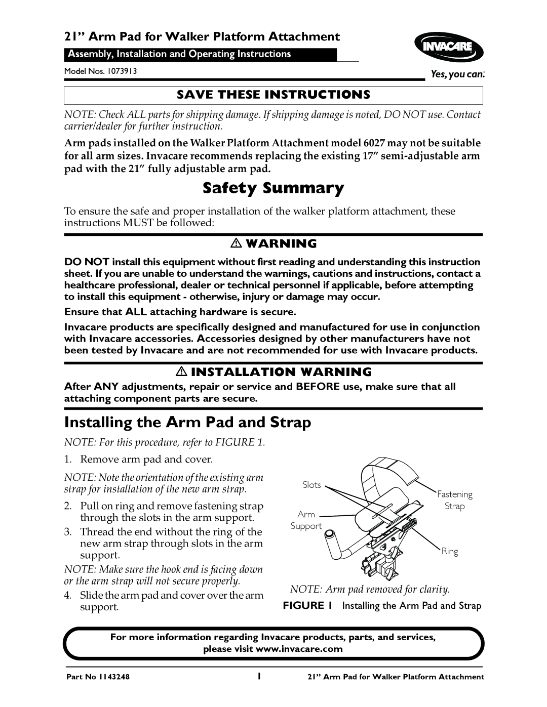 Invacare 1073913, 1143248 instruction sheet Safety Summary, Installing the Arm Pad and Strap 