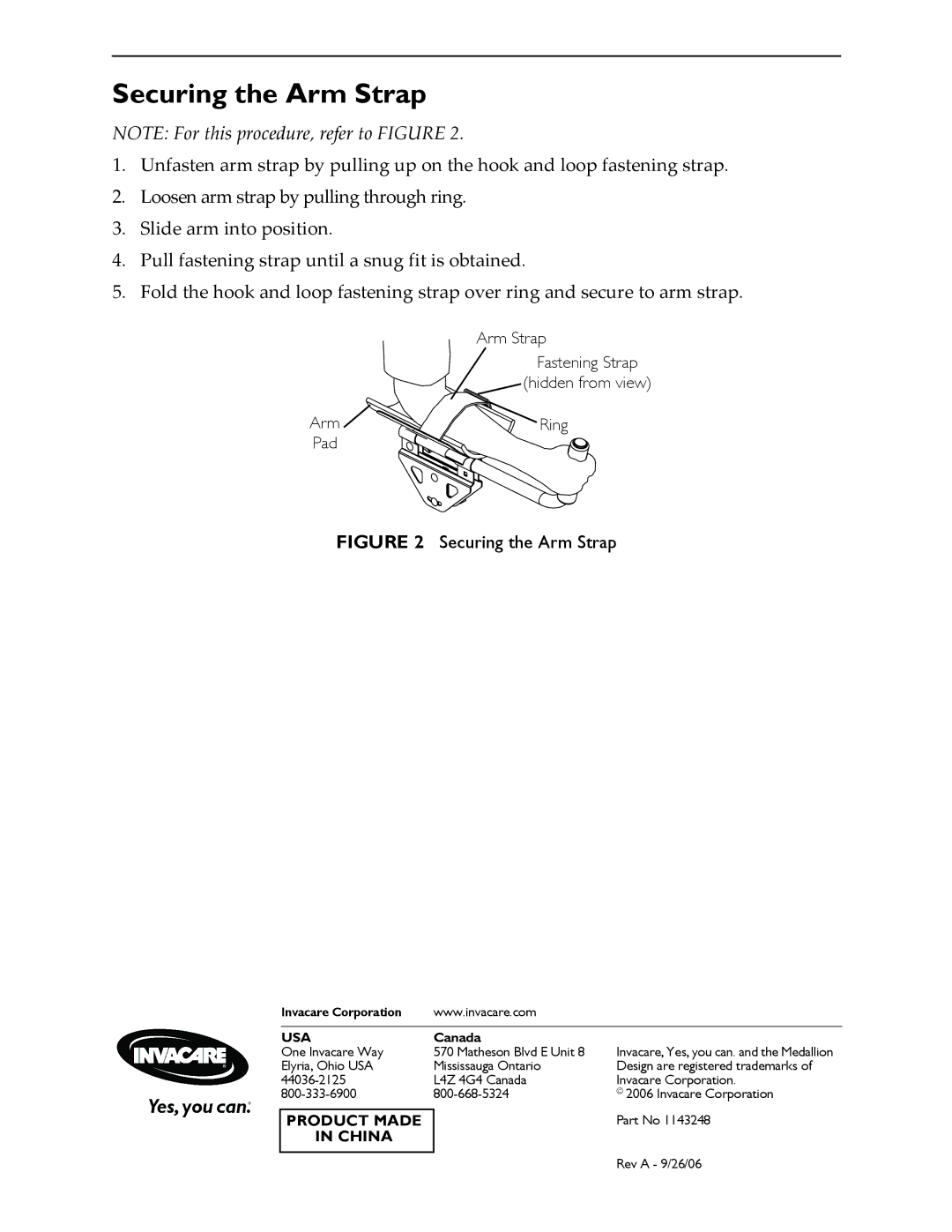 Invacare 1143248, 1073913 instruction sheet Securing the Arm Strap, Arm Strap Fastening Strap Hidden from view 