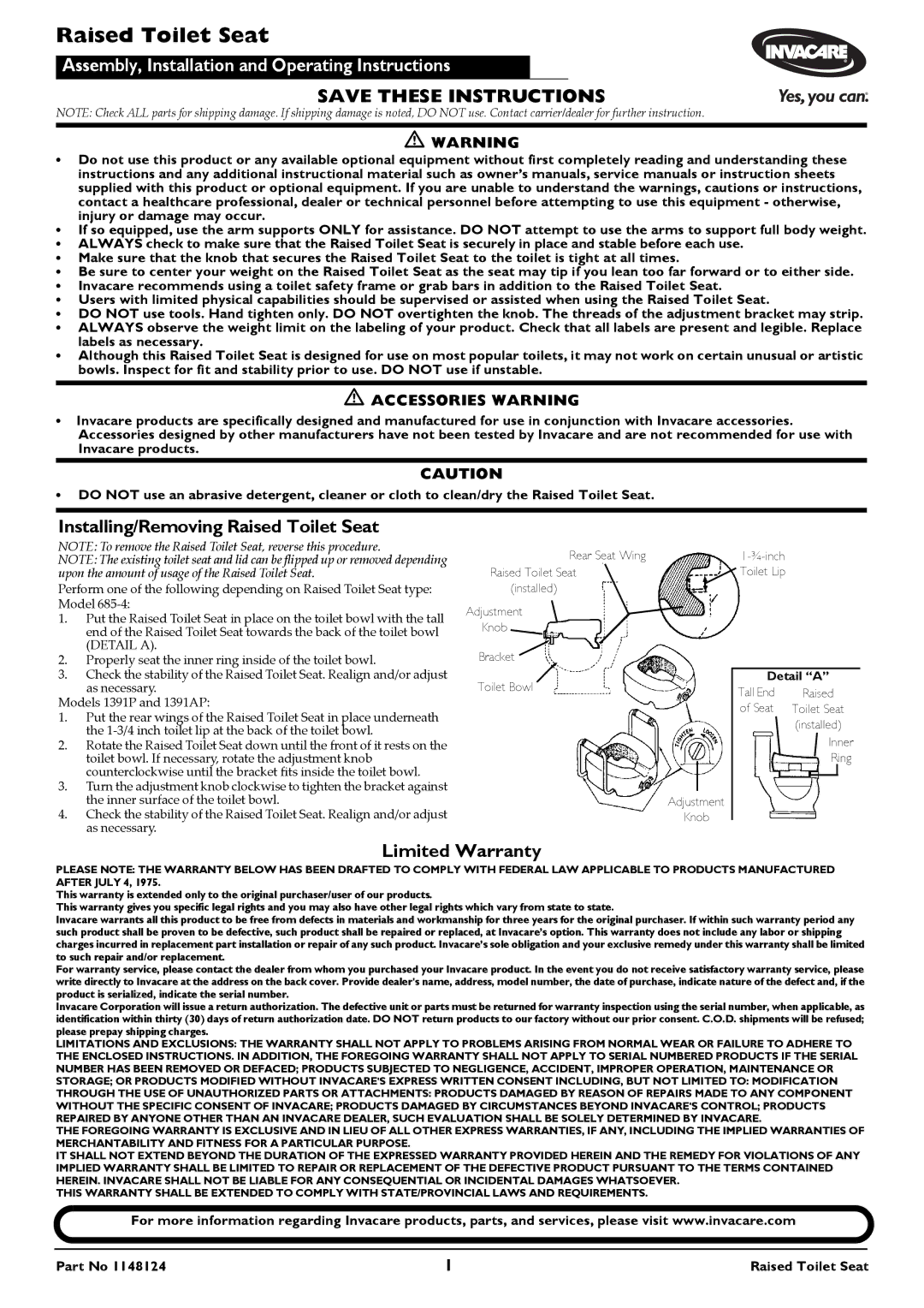 Invacare 1148124 warranty Installing/Removing Raised Toilet Seat, Limited Warranty 