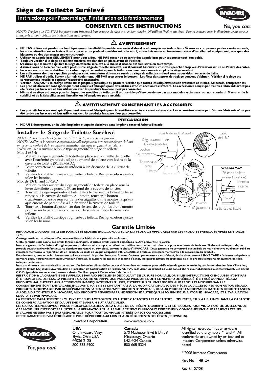 Invacare 1148124 warranty Installer le Siège de Toilette Surélevé, Garantie Limitée 