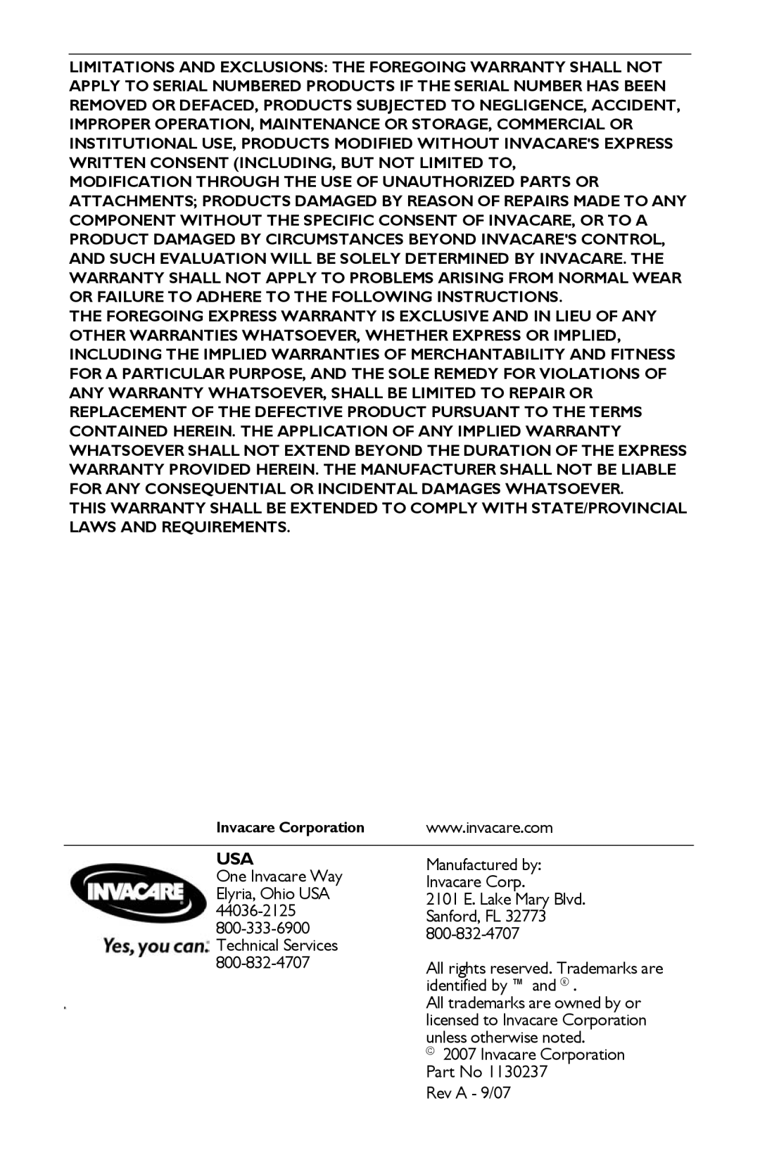 Invacare 1150693 owner manual Usa 