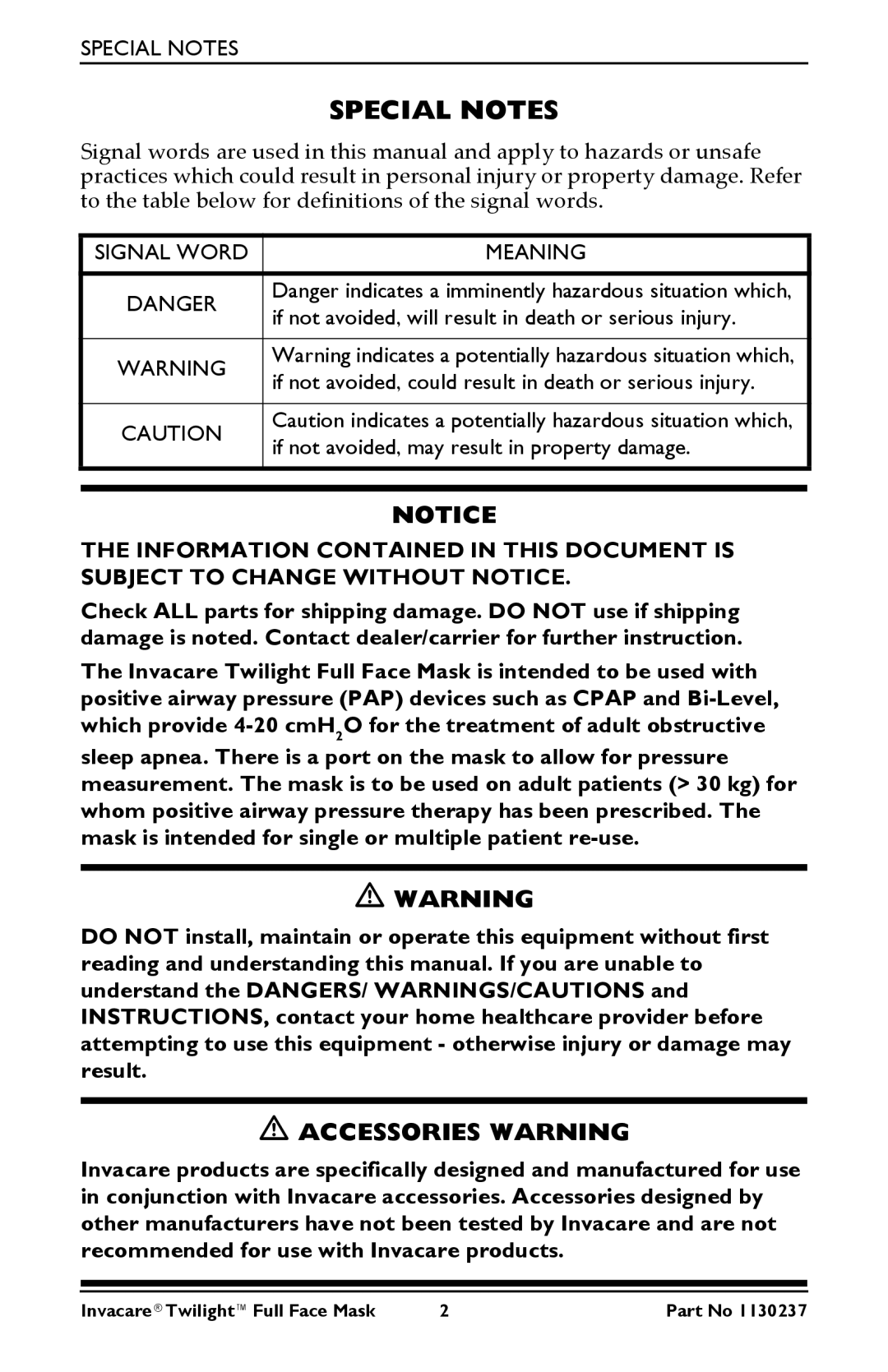 Invacare 1150693 owner manual Special Notes, Signal Word Meaning 