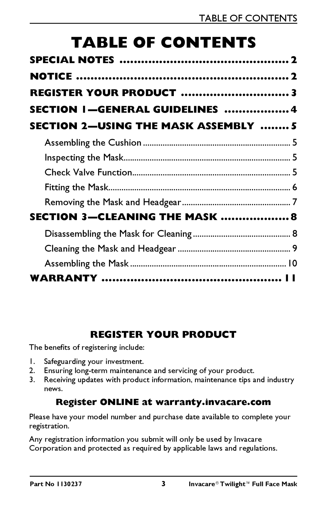 Invacare 1150693 owner manual Table of Contents 