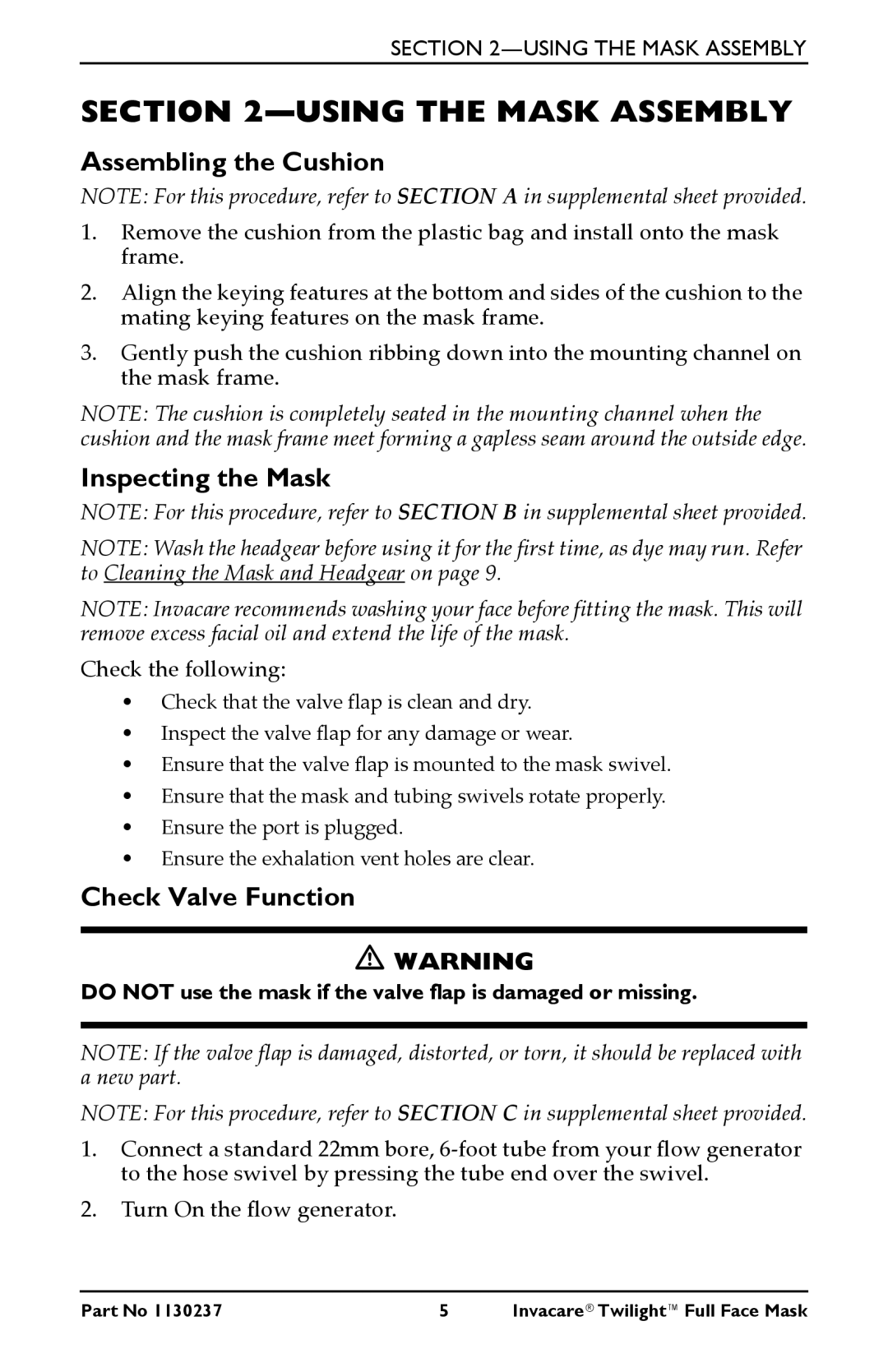 Invacare 1150693 owner manual Assembling the Cushion, Inspecting the Mask, Check Valve Function 