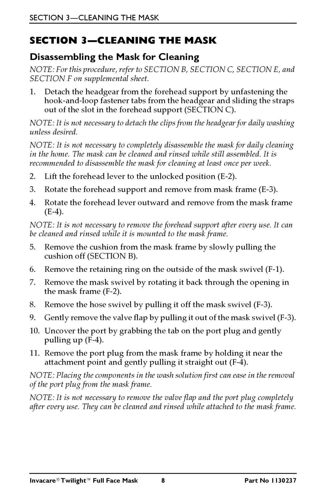 Invacare 1150693 owner manual Cleaning the Mask, Disassembling the Mask for Cleaning 