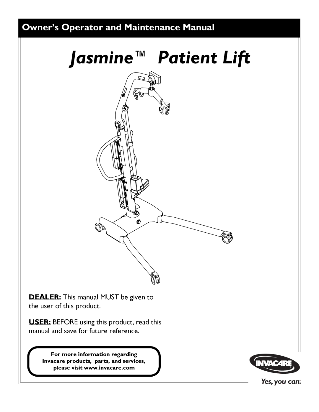 Invacare 1150704 manual Jasmine Patient Lift 