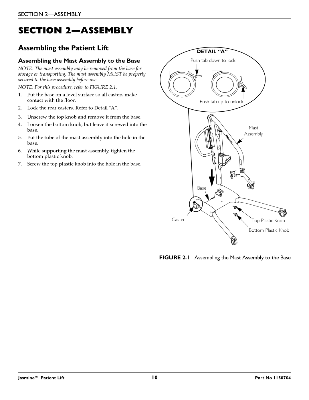 Invacare 1150704 manual Assembling the Patient Lift, Assembling the Mast Assembly to the Base 