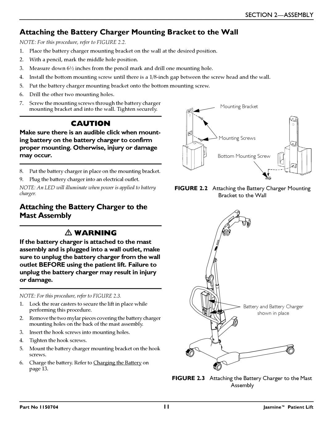 Invacare 1150704 Attaching the Battery Charger Mounting Bracket to the Wall, Ing battery on the battery charger to confirm 