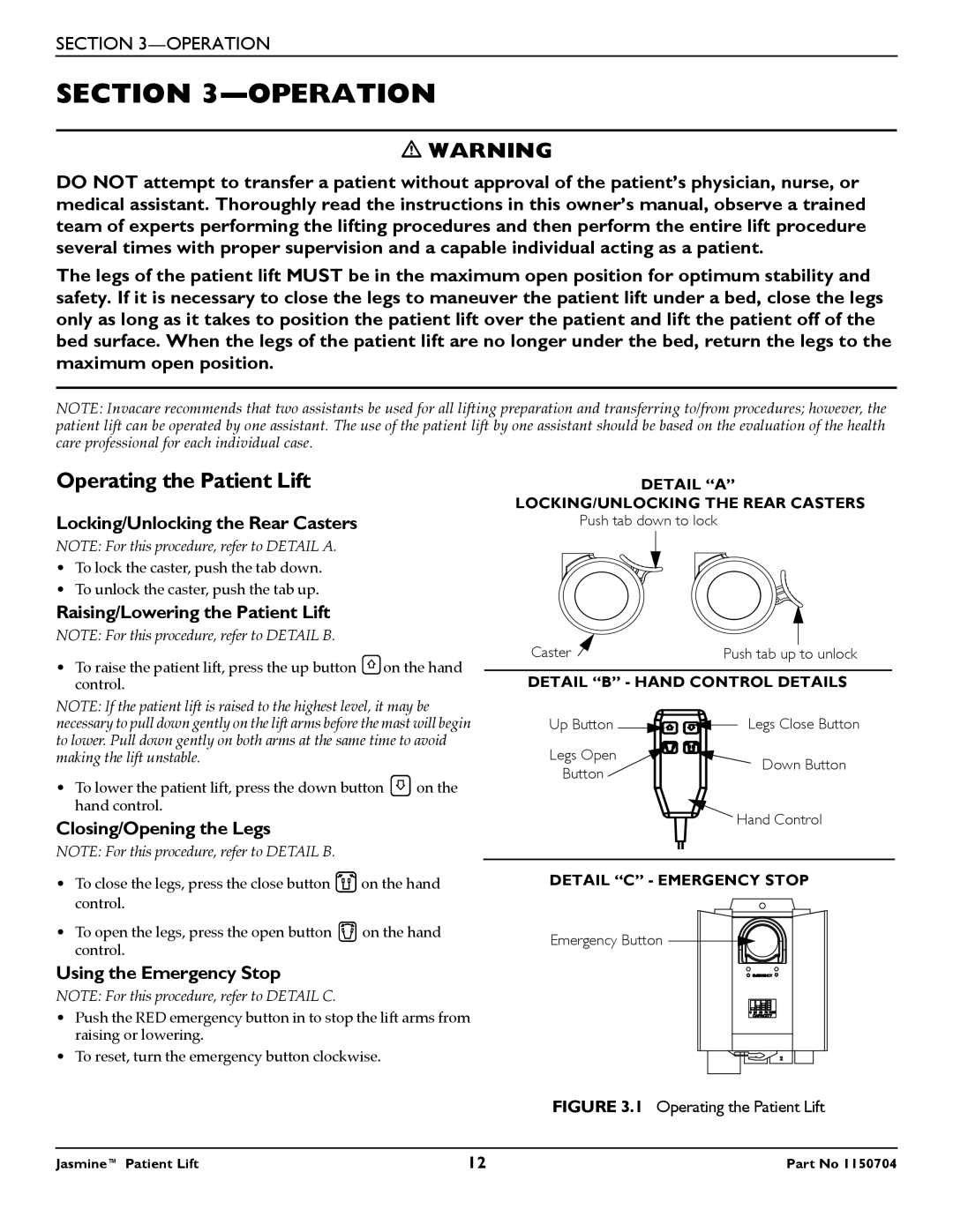 Invacare 1150704 manual Operation, Operating the Patient Lift 