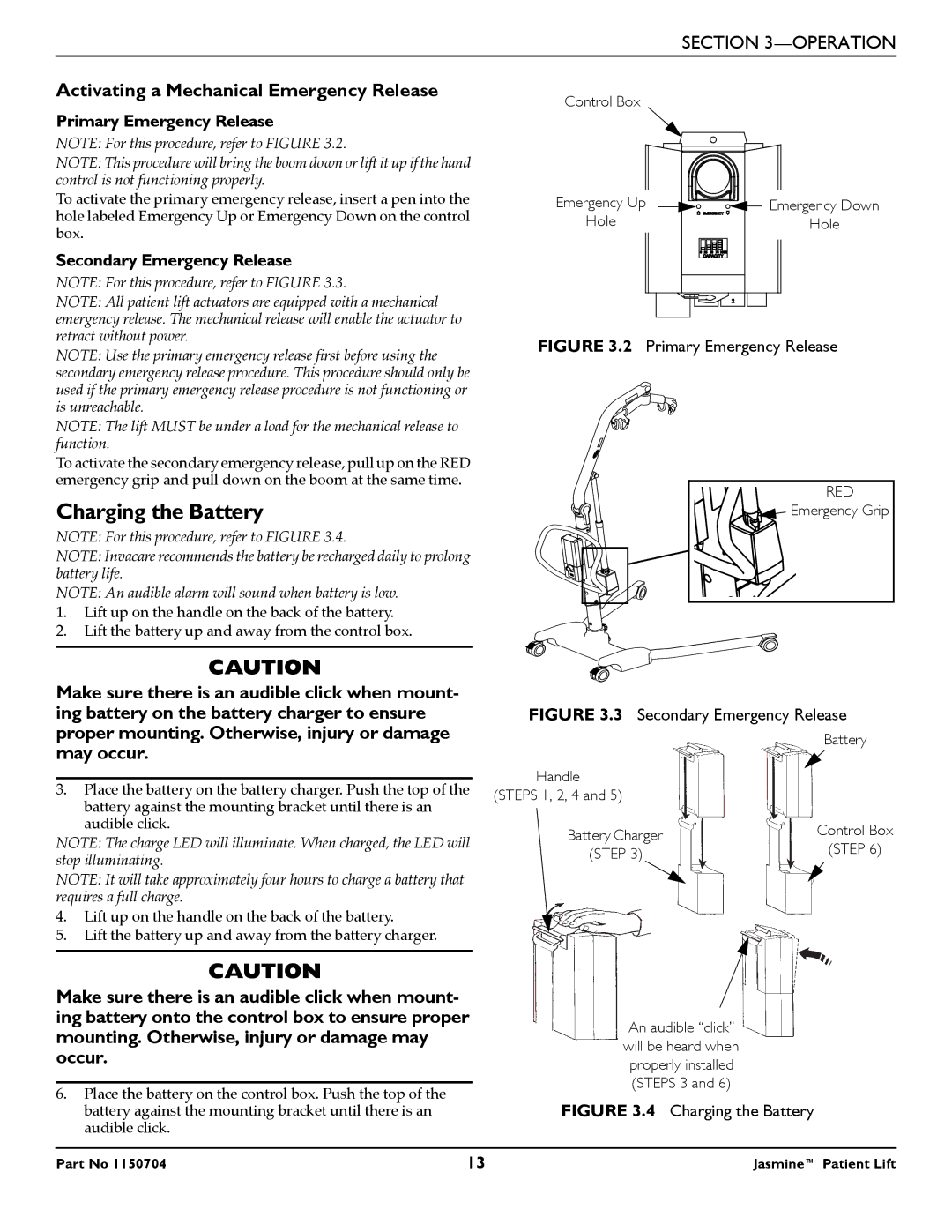 Invacare 1150704 manual Charging the Battery, Activating a Mechanical Emergency Release 