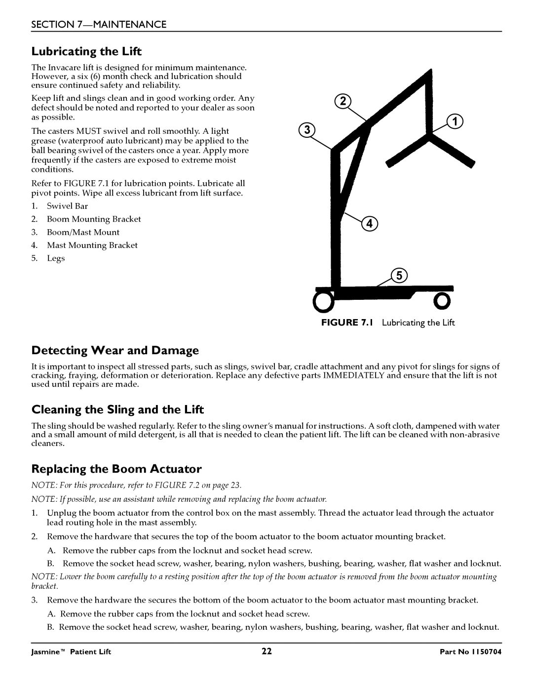 Invacare 1150704 manual Lubricating the Lift, Detecting Wear and Damage 