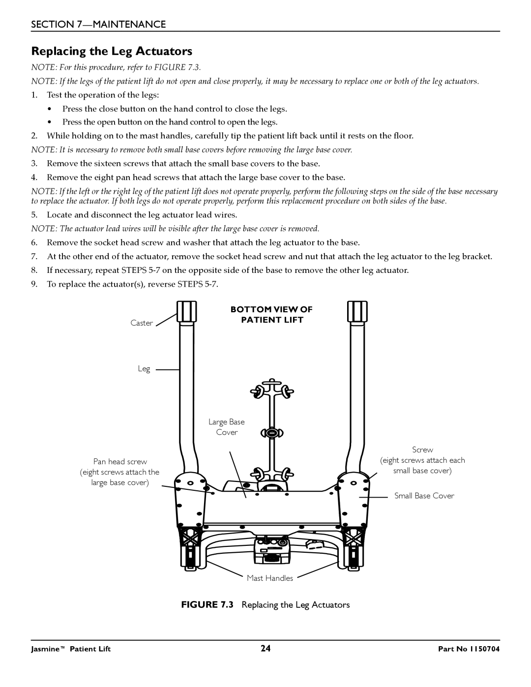 Invacare 1150704 manual Replacing the Leg Actuators, Patient Lift 